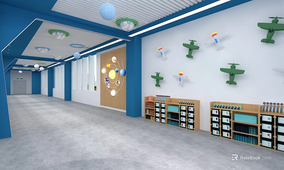 School Corridor With Blue Decor Airplane Models And Educational Bookshelves 3d model 