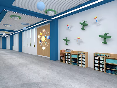 School Corridor With Blue Decor Airplane Models And Educational Bookshelves 3d model