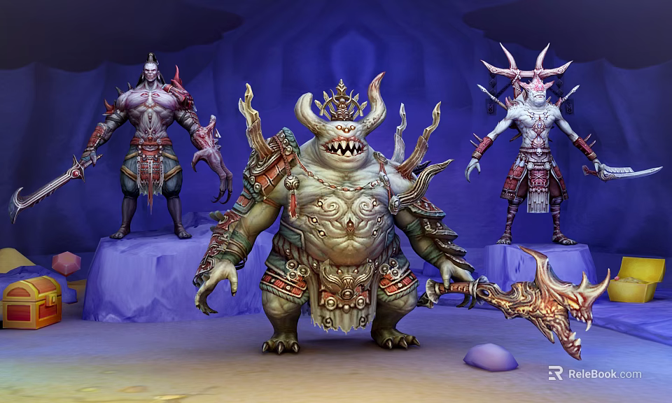 Fantasy Game Characters Large Horned Fanged Warrior And Slender Armored Figures Cave Setting Purple Platforms 3d model 