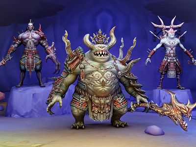 Fantasy Game Characters Large Horned Fanged Warrior And Slender Armored Figures Cave Setting Purple Platforms 3d model