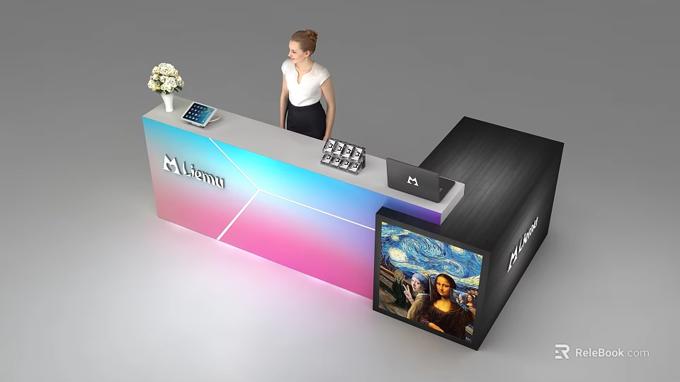 Modern Reception Desk with Colorful Gradient Surface and Digital Display Showing Mona Lisa Painting 3d model 