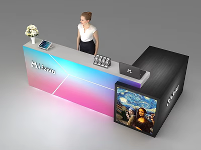 Modern Reception Desk with Colorful Gradient Surface and Digital Display Showing Mona Lisa Painting 3d model