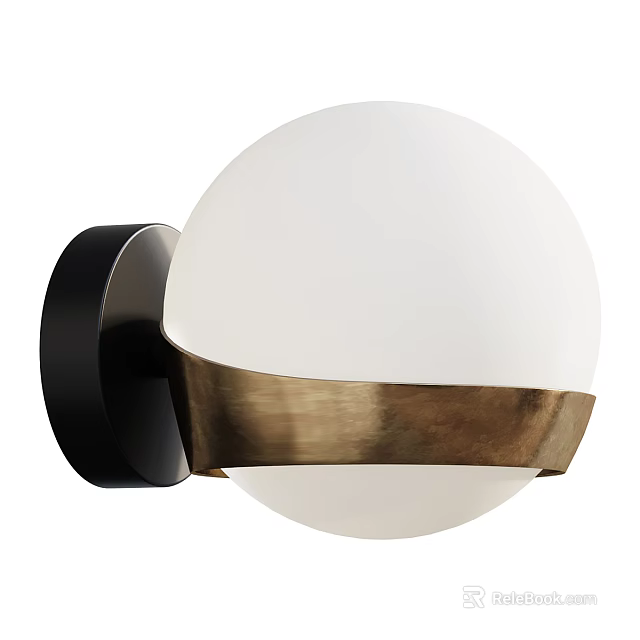 Modern Wall Lamp With White Spherical Shade Black Base And Golden Metal Ring 3d model 