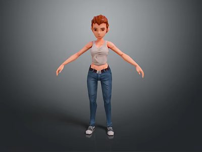 Game Movie Character with Red Hair Gray Tank Top Blue Jeans White Sneakers Standing Pose 3d model