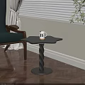 Black Side Table With Twisted Base In Living Room By Green Armchair And Window Blinds
