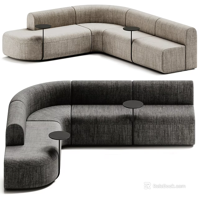 Modern L shaped Sectional Sofa in Light and Dark Gray with Small Round Side Tables 3d model 