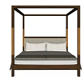Four Poster Double Bed With Wooden Frame Striped Upholstered Headboard And White Pillows
