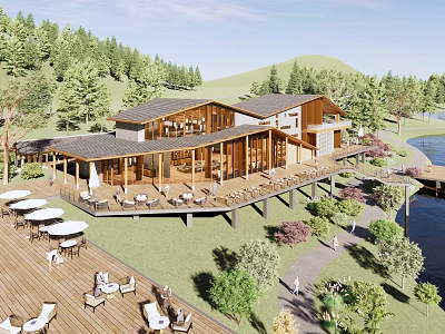 Scenic Wooden Cafe With Spacious Outdoor Terrace Lake View And Green Trees 3d model