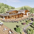 Scenic Wooden Cafe With Spacious Outdoor Terrace Lake View And Green Trees