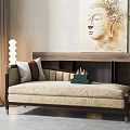 Elegant Beige Chaise Lounge with Wooden Cabinet Buddha Painting and Green Plant