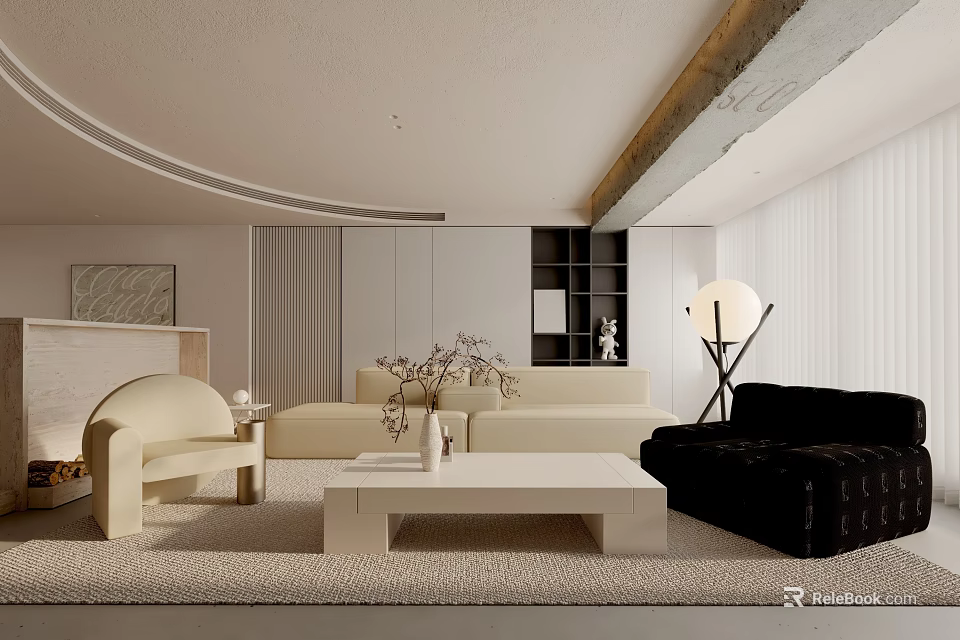 Modern Living Room Interior With Beige Sofa Black Chair And Coffee Table 3d model 