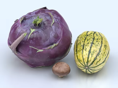 Fresh Assorted Vegetables With Purple Cabbage Mushroom And Yellow Striped Melon 3d model