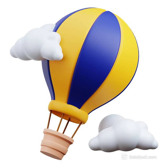 Cute Blue And Yellow Hot Air Balloon Ornament Decoration Set With White Clouds 3d model 