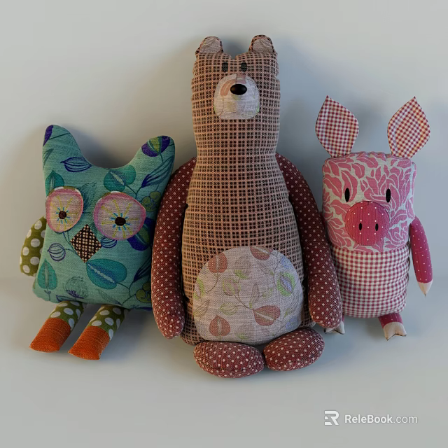 Colorful Handmade Stuffed Owl Bear Pig Plush Toys With Plaid Leaf Floral Fabric Patterns 3d model 