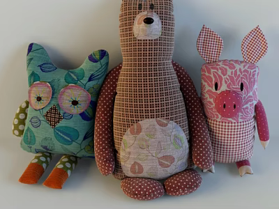 Colorful Handmade Stuffed Owl Bear Pig Plush Toys With Plaid Leaf Floral Fabric Patterns 3d model