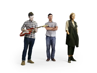 Group of Three People Playing Red Guitar Standing with Arms Crossed and Hands in Pockets 3d model
