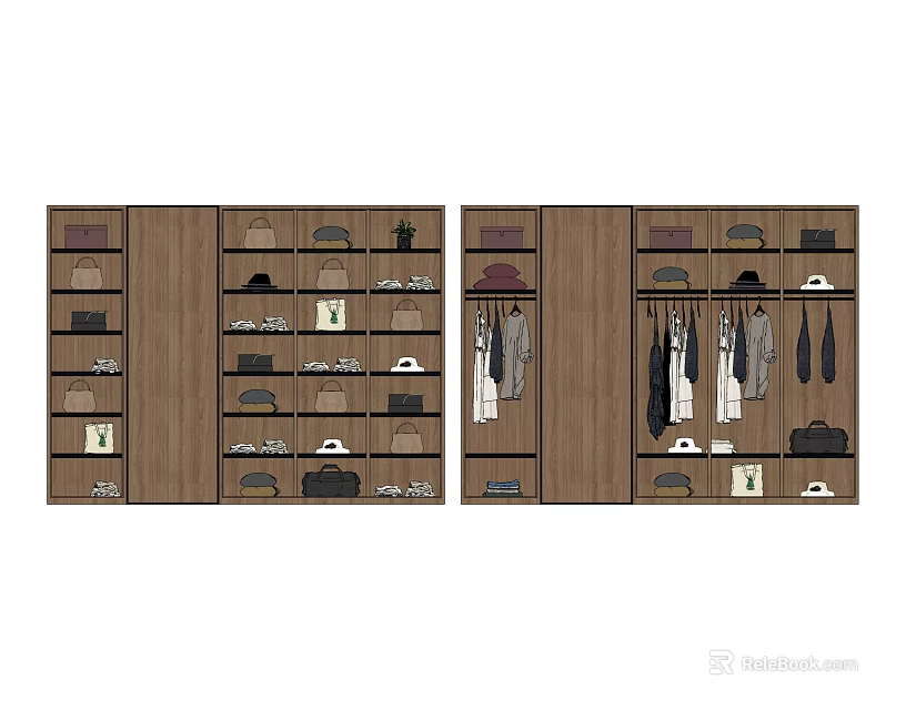 Wooden Wardrobe With Multiple Compartments Hanging Rods Shelves And Drawers For Clothes Hats And Bags 3d model 