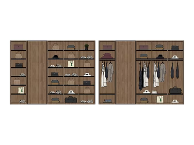 Wooden Wardrobe With Multiple Compartments Hanging Rods Shelves And Drawers For Clothes Hats And Bags 3d model