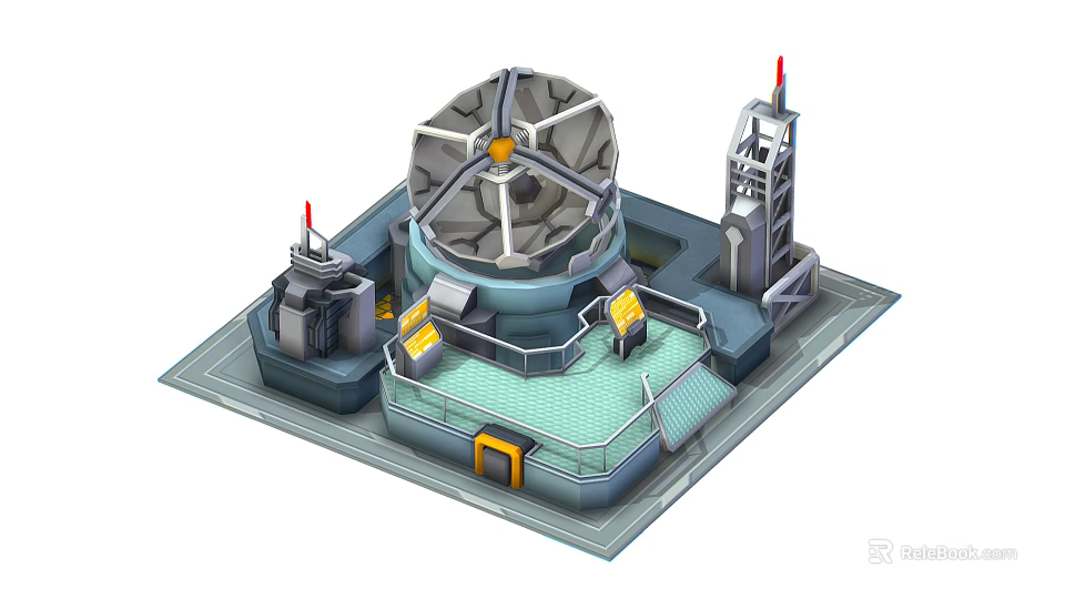Cartoon Radar Station Scene With Large Satellite Dish Tower Structures And Platform Area 3d model 