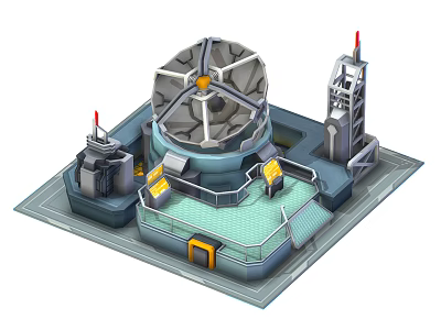Cartoon Radar Station Scene With Large Satellite Dish Tower Structures And Platform Area 3d model