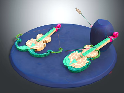 Decorative Violins With Green Pink Details On Blue Circular Platform And Arrow 3d model