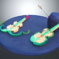 Decorative Violins With Green Pink Details On Blue Circular Platform And Arrow