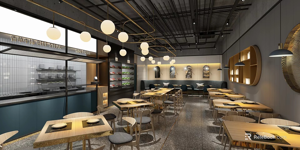 Modern Restaurant Interior With Pendant Lights Wooden Tables And Open Layout 3d model 