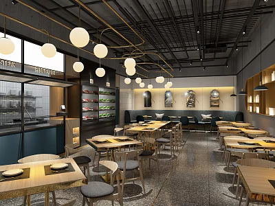 Modern Restaurant Interior With Pendant Lights Wooden Tables And Open Layout 3d model