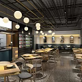 Modern Restaurant Interior With Pendant Lights Wooden Tables And Open Layout
