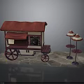 Red Roof Food Cart Setup With Small Tables And Striped Umbrellas