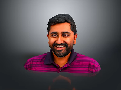Man with short black hair and beard wearing purple striped polo shirt against gray background 3d model