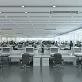Modern Public Office Space with Desks Computers Office Chairs Large Windows and Green Plants