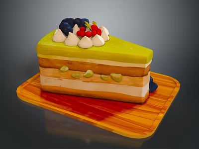 Delicious Layered Cake With Green Icing Fresh Berries And Wooden Serving Tray 3d model