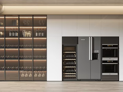 Modern Kitchen Interior Featuring Glass Door Wine Cabinet With Wine Bottles And Appliances 3d model