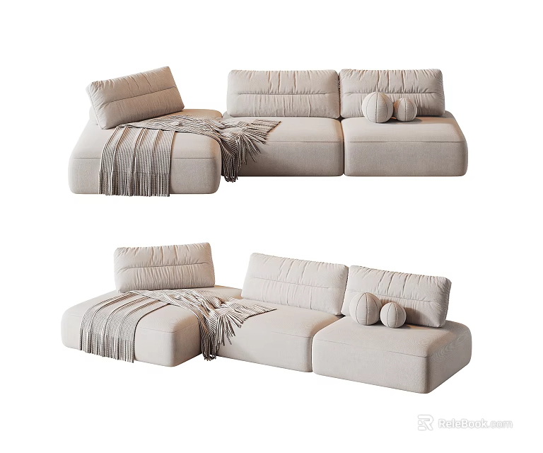 Cozy Light Beige L shaped Sectional Sofa With Soft Cushions And Throw Blanket 3d model 