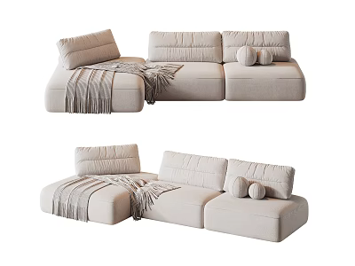 Cozy Light Beige L shaped Sectional Sofa With Soft Cushions And Throw Blanket 3d model