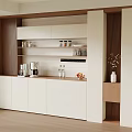 Modern White and Wood Sideboard with Cabinets Drawers Open Shelves and Decorative Items