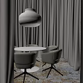 Modern Interior With Round White Table And Beige Fabric Chairs Soft Curtains And Pendant Light