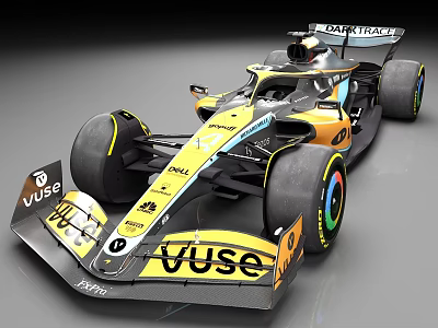 Yellow And Black Formula 1 Race Car With VUSE Dell Logos And Aerodynamic Design 3d model