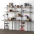 Vintage Industrial Desk With Metal Frame Wooden Shelves Globe Books And Stools