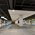Spacious Cafeteria Dining Area With Neat Tables Chairs Ceiling Lights And Counter 3d model