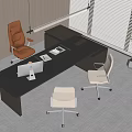 Modern Office Desk With Black Desktop Ergonomic Chairs Computer Monitor Potted Plant And Window Blinds