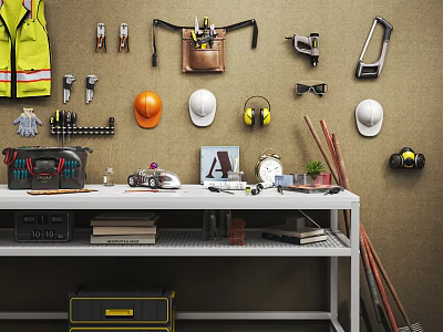 Organized Hardware Tools With Workbench Tool Wall Safety Helmets Earmuffs And Toolbox 3d model