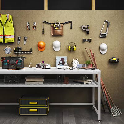 Organized Hardware Tools With Workbench Tool Wall Safety Helmets Earmuffs And Toolbox 3d model