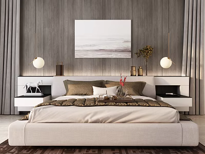 Cozy Bedroom Interior With Double Bed Wooden Wall Seascape Painting Pendant Lights And Neutral Bedding 3d model