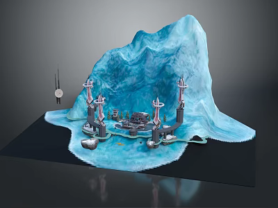 Cartoon Scene Featuring Frozen Iceberg with Stone Towers and Calm Water Area 3d model