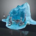 Cartoon Scene Featuring Frozen Iceberg with Stone Towers and Calm Water Area