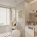 Modern Bathroom Interior Featuring White Tiled Walls Arched Mirror Lemon Art And Patterned Countertop