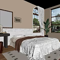 Cozy Bedroom Interior With Beige Walls Large Windows And Green Plant