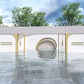 Modern Scenic Wall With Arched Structure Golden Frames Surrounded By Trees Water Reflection